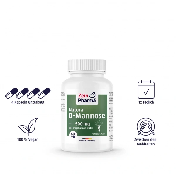 ZEIN PHARMA Natural D-Mannose 500mg (from birch bark) 60 Vegan Capsules