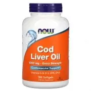 NOW FOODS Cod Liver Oil Extra Strength 1000mg (EPA DHA, Witamina A, D3) 180 Kapsułek żelowych
