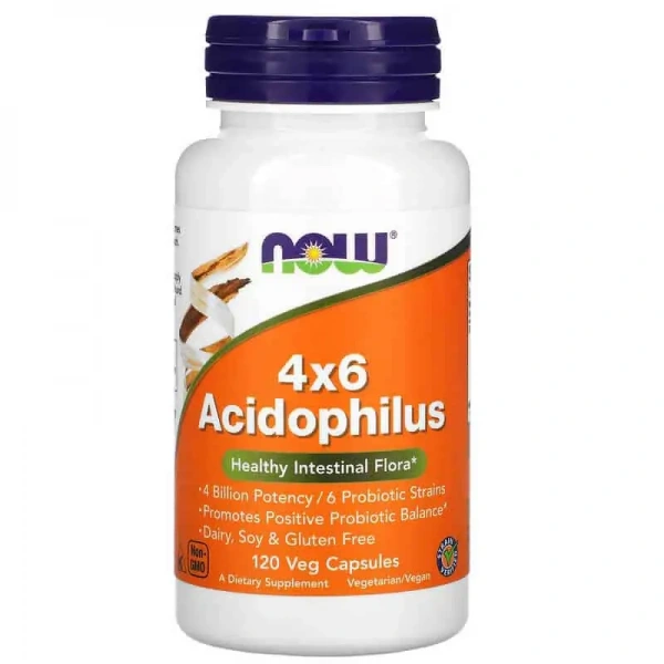 NOW FOODS Acidophilus 4x6 (Probiotyk, Zdrowa Flora Jelitowa) 120 Kapsułek wegetariańskich