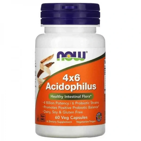 NOW FOODS Acidophilus 4x6 (Probiotic, Healthy Intestinal Flora) 60 Vegetarian Capsules