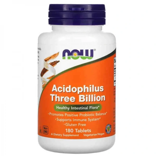 NOW FOODS Acidophilus Three Billion (Probiotyk, Zdrowa Flora Jelitowa) 180 Tabletek wegetariańskich