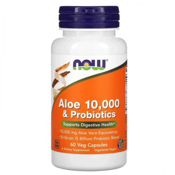 NOW FOODS Aloe 10,000 & Probiotics (Probiotyk, Wsparcie Układu Trawiennego) 60 Kapsułek wegetariańskich