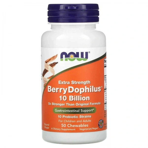 NOW FOODS BerryDophilus™ Extra Strength 10 Billion(Probiotyk, Wsparcie układu pokarmowego) 50 Tabletek do żucia