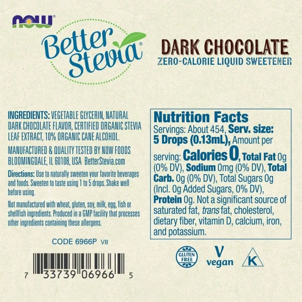 NOW FOODS Better Stevia Liquid Extract Dark Chocolate 59ml Vegan