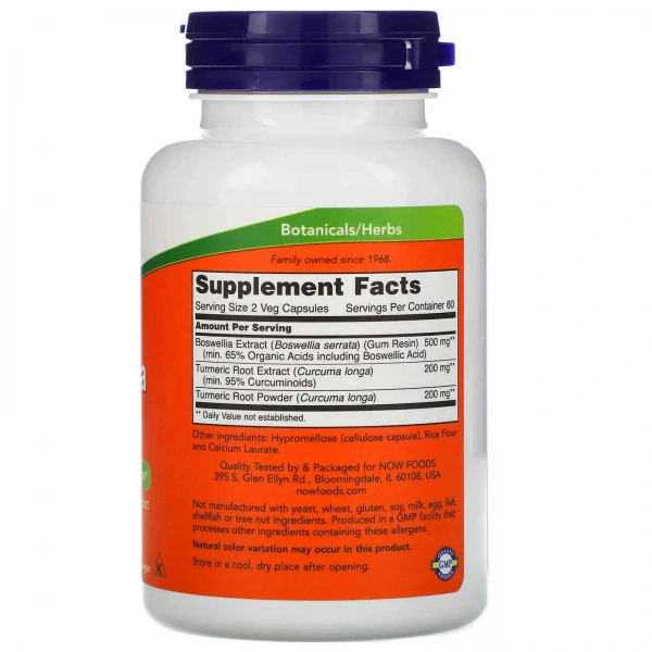 NOW FOODS Boswellia Extract Plus Turmeric Root Extract 250mg 120 Vegetarian Capsules