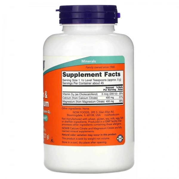 NOW FOODS Calcium & Magnesium Citrate Powder with Vitamin D3 (Cytrynian Wapnia i Magnezu z Witaminą D3) 227g