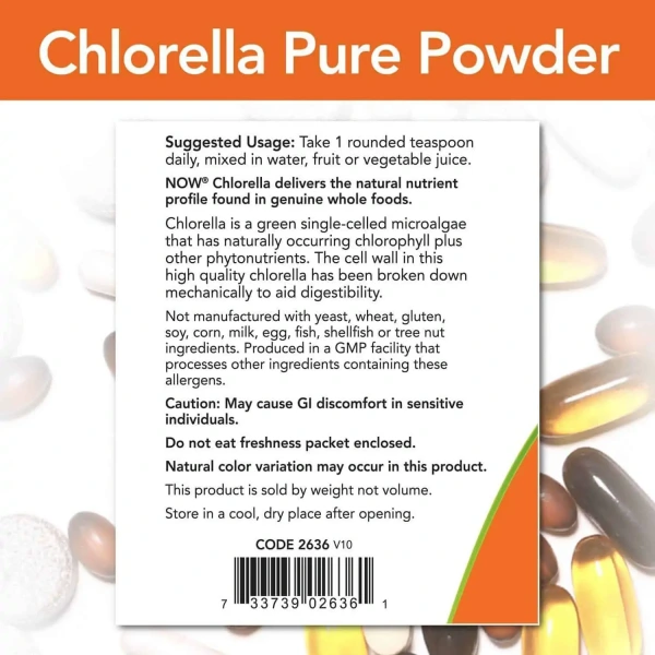 NOW FOODS Certified Organic Chlorella Pure Powder (Odporność, Antyoksydacja) 113g