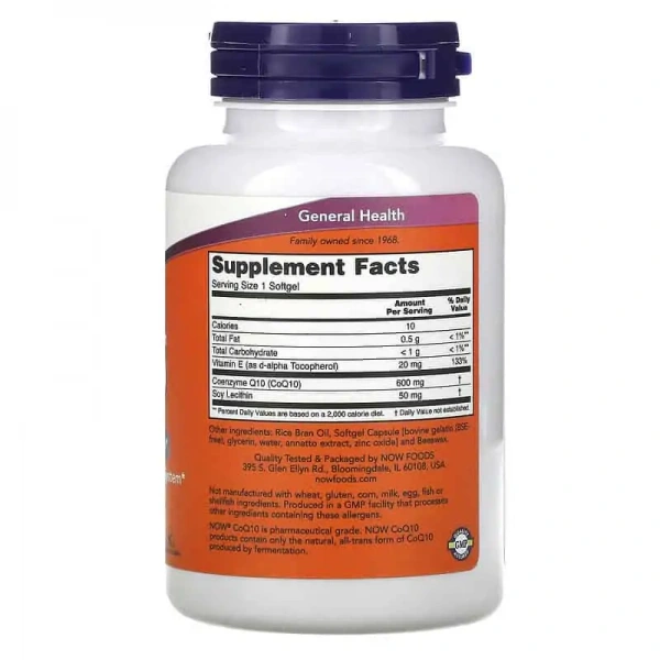 NOW FOODS Maximum Strength CoQ10 600mg (with Lecithin and Vitamin E) 60 Softgels