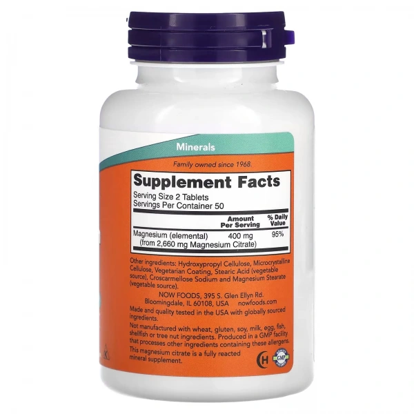 NOW FOODS Magnesium Citrate 200mg - 100 vegan tablets
