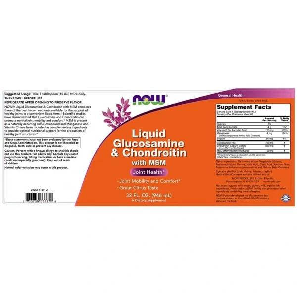 NOW FOODS Glucosamine & Chondroitin with MSM Liquid (Glukozamina i Chondroityna z MSM) Płyn 946 ml