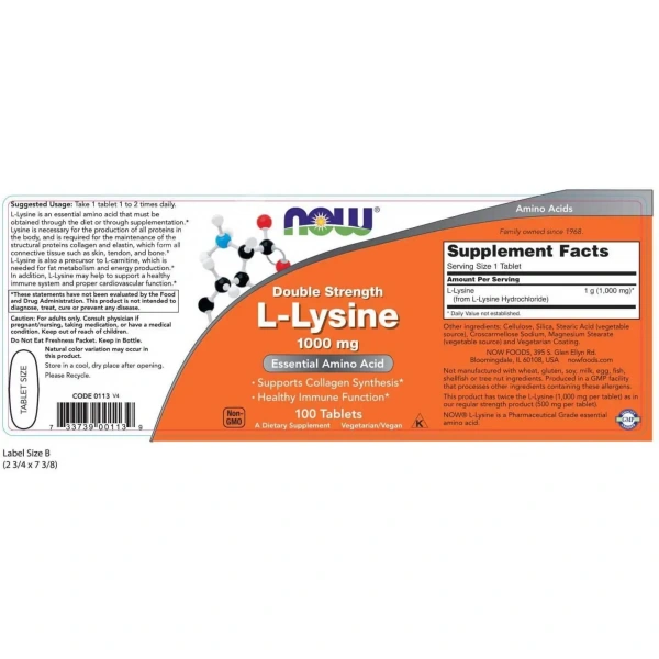 NOW FOODS Double Strength L-Lysine 1000mg - 100 vegan tablets