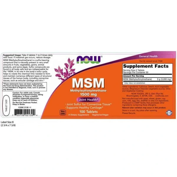 NOW FOODS MSM 1500mg (Methylsulfonylmethane, Organic Sulfur) 100 Vegetarian Tablets