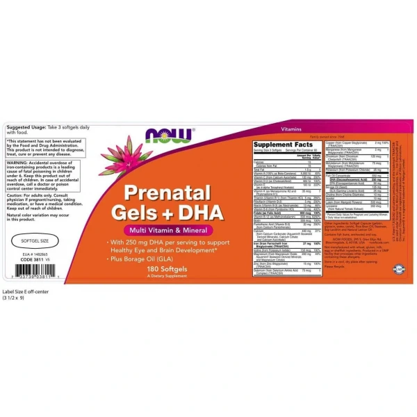 NOW FOODS Prenatal Gels + DHA (Vitamins and Minerals for Pregnant Women + DHA) 180 Softgel