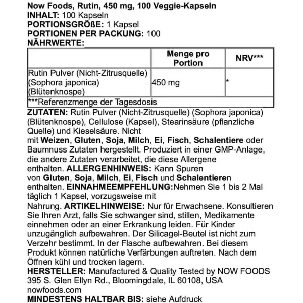 NOW FOODS Rutin 450mg (Rutin) 100 Vegetarian Capsules