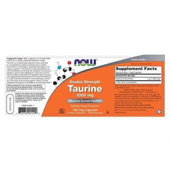 NOW FOODS Taurine 1000mg Double Strength (Taurine, Visual function) 100 Vcaps