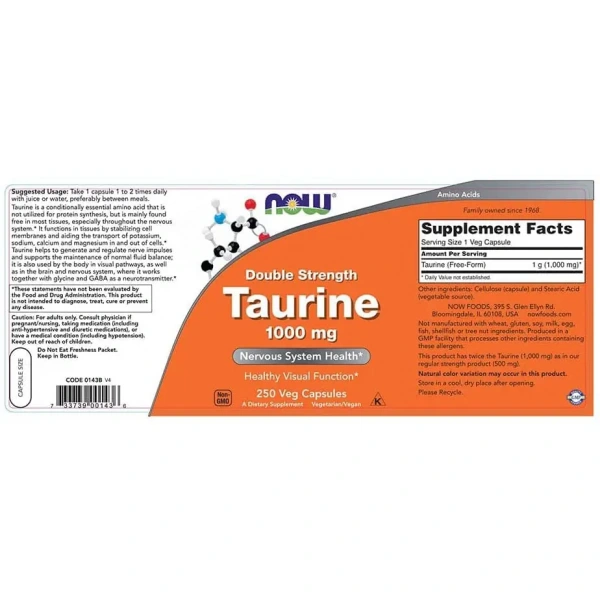 NOW FOODS Taurine 1000mg Double Strength (Taurine, Visual function) 250 Vcaps