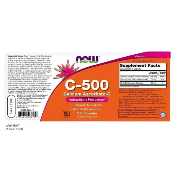 NOW FOODS Vitamin C-500 Calcium Ascorbate-C (Witamina C, Askorbinian Wapnia) 100 Kapsułek