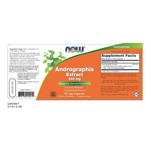 NOW FOODS Andrographis Extract 400mg 90 Vegetarian Capsules