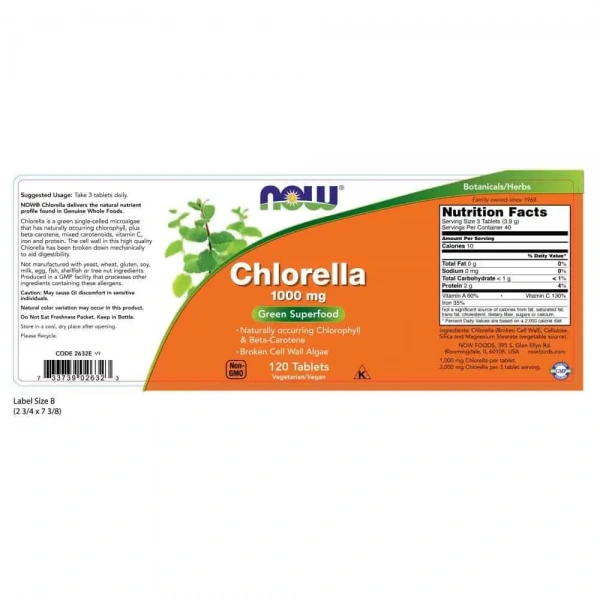 NOW FOODS Chlorella 1000mg (Odporność, Antyoksydacja) 120 Tabletek wegetariańskich
