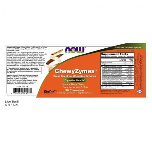 NOW FOODS ChewyZymes (Enzymy trawienne) 90 Tabletek  wegetariańskich do żucia