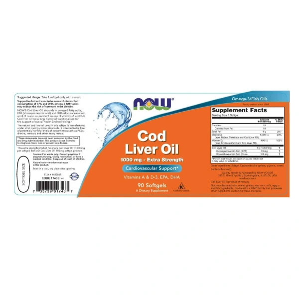 NOW FOODS Cod Liver Oil 1000mg (EPA DHA, Vitamin A, D3) 90 Gel Capsules