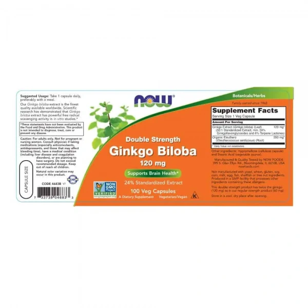 NOW FOODS Ginkgo Biloba 120mg (Memory) 100 Vegetarian capsules