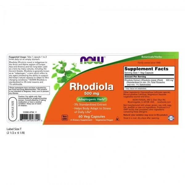 NOW FOODS Rhodiola 500mg (Adaptogenic Herb) 60 Vegetarian Capsules