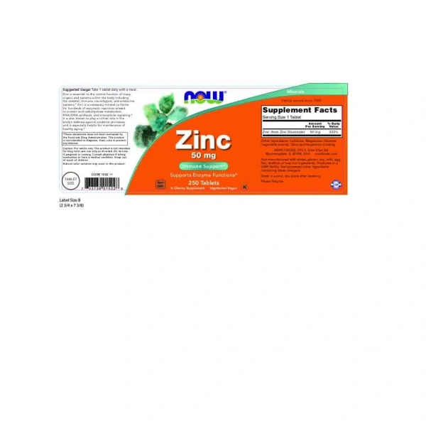 NOW FOODS Zinc Gluconate (Glukonian cynku) 250 Tabletek wegetariańskich