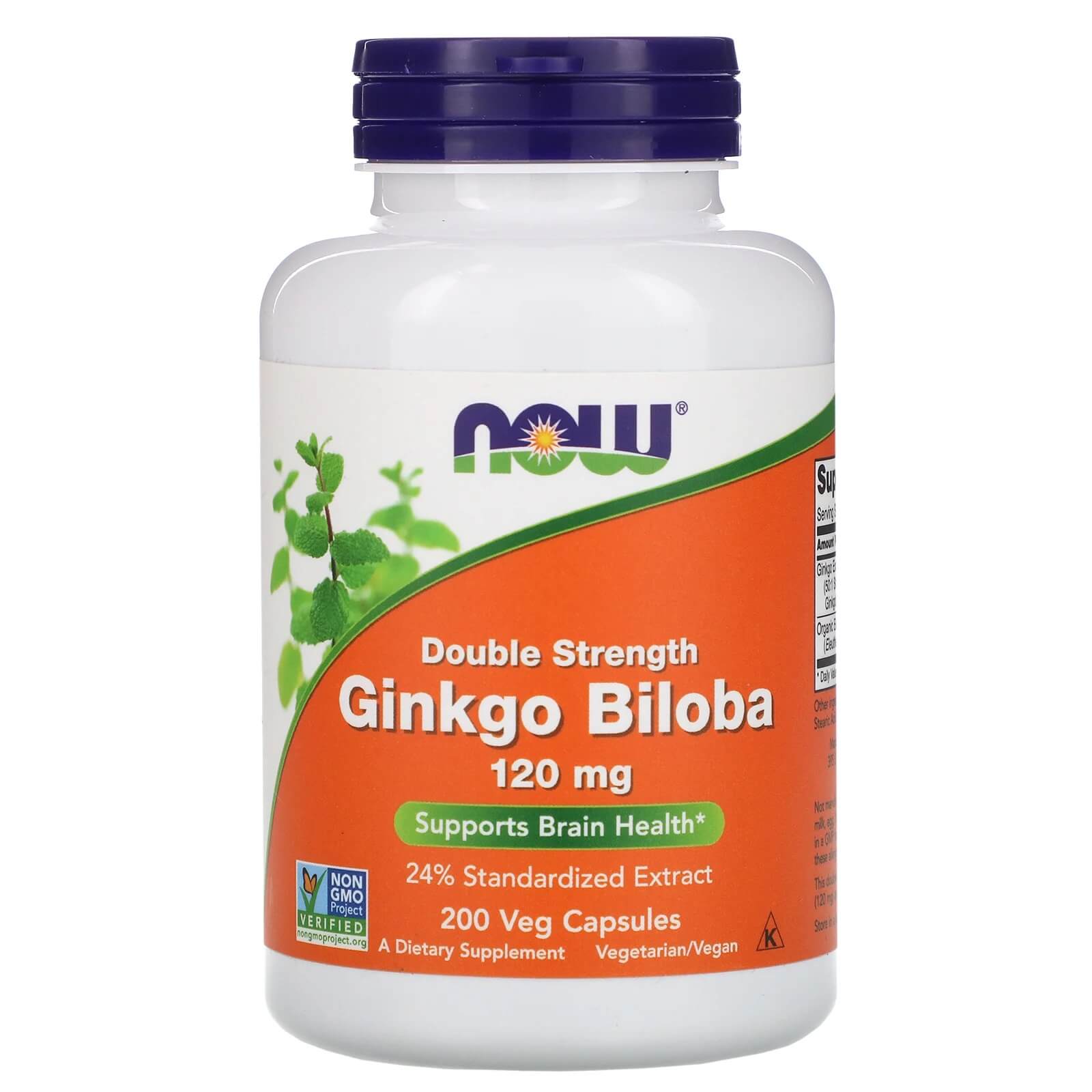 NOW FOODS Ginkgo Biloba Double Strength 120mg (Wsparcie zdrowia mózgu) 200 Kapsułek wegetariańskich