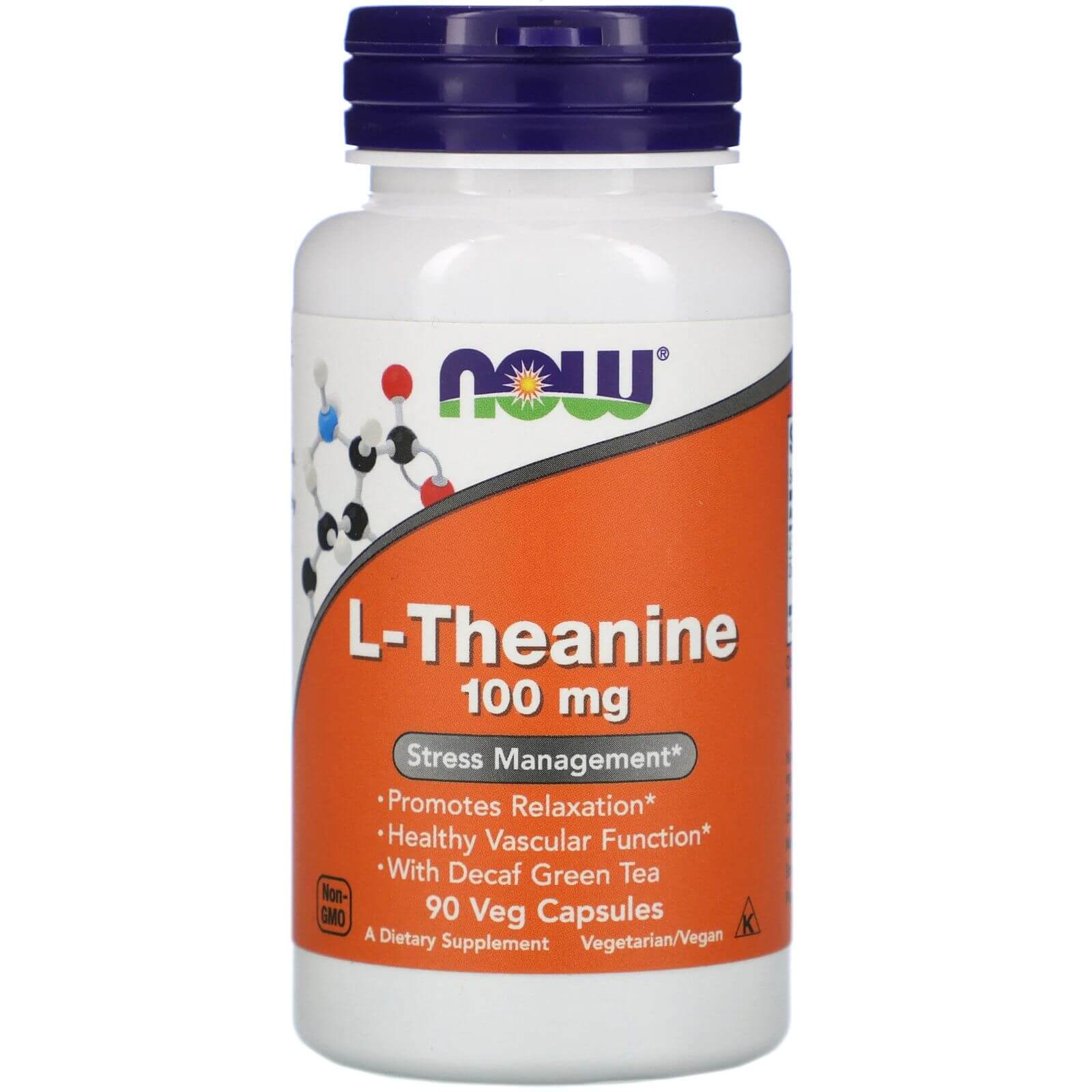 NOW FOODS L-Theanine 100mg (L-Teanina z bezkofeinową zieloną herbatą) 90 Kapsułek wegetariańskich
