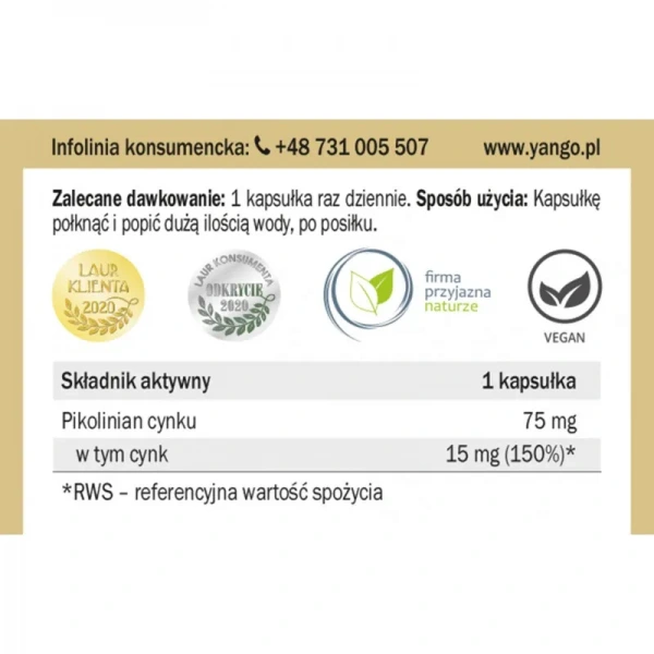 YANGO Cynk organiczny (Organic Zinc Picolinate) 90 Vegetarian Capsules