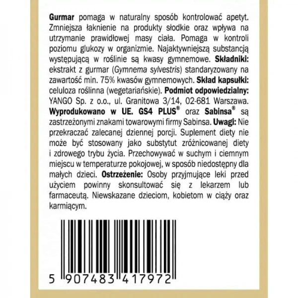 YANGO Gurmar GS4 (75% kwasów gymnemowych) 60 Kapsułek wegetariańskich