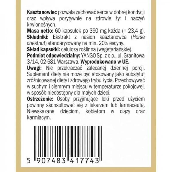 YANGO Kasztanowiec 20% Escyny (Wspomaga krążenie żylne, Na ociężałe nogi) 60 Kapsułek wegetariańskich