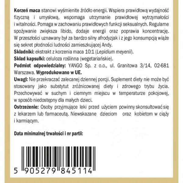 YANGO Korzeń Maca ekstrakt - 100 kapsułek wegetariańskich