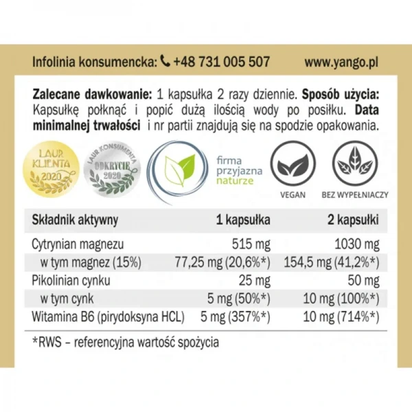 YANGO Magnez + Cynk + B6 (Magnesium + Zinc + Vitamin B6) 90 Vegetarian Capsules