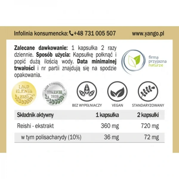 YANGO Reishi - ekstrakt 10% polisacharydów - 90 kapsułek wegetariańskich