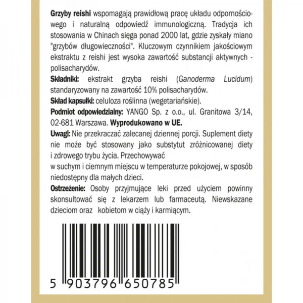 YANGO Reishi - ekstrakt 10% polisacharydów - 90 kapsułek wegetariańskich