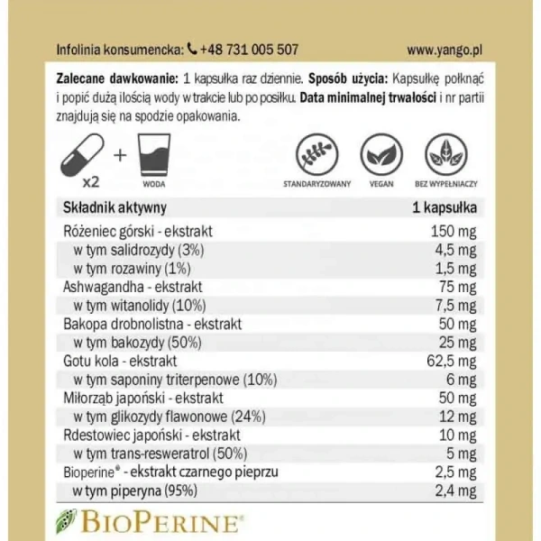 YANGO Różeniec Premium (Rhodiola Rosea, Adaptogen) 100 Vegetarian Capsules