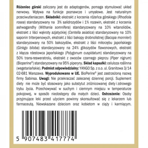 YANGO Różeniec Premium (Rhodiola Rosea, Adaptogen) 100 Vegetarian Capsules
