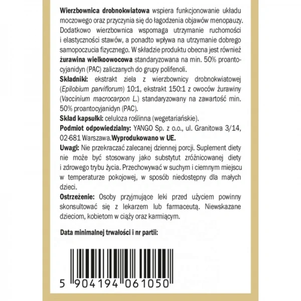 YANGO Wierzbownica dla kobiet (Hoary willowherb for women, Menopause) 90 Vegetarian Capsules